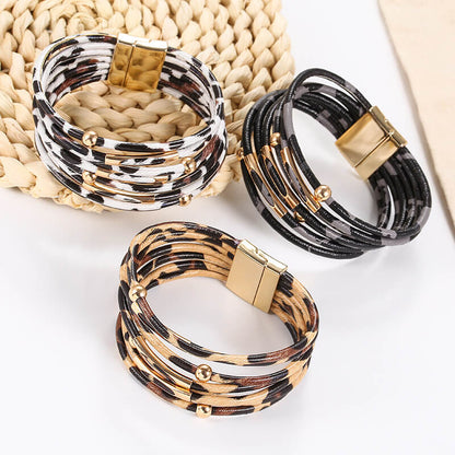 Alloy Leopard Print Magnet Buckle Leather Strap Bracelet