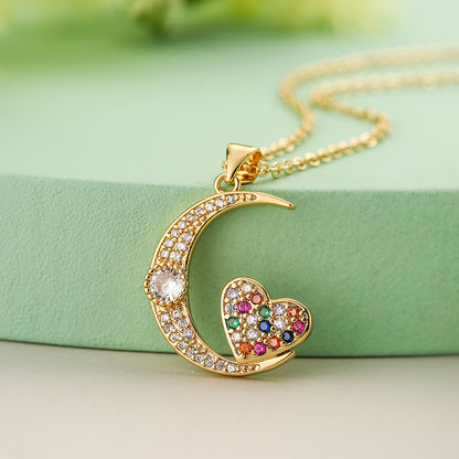 Full Stones Rabbit & Heart Moon Pendant Necklace