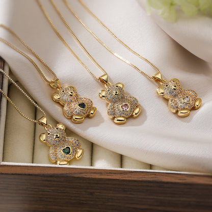 Cute Full Stones Teddy Bear Pendant Necklace