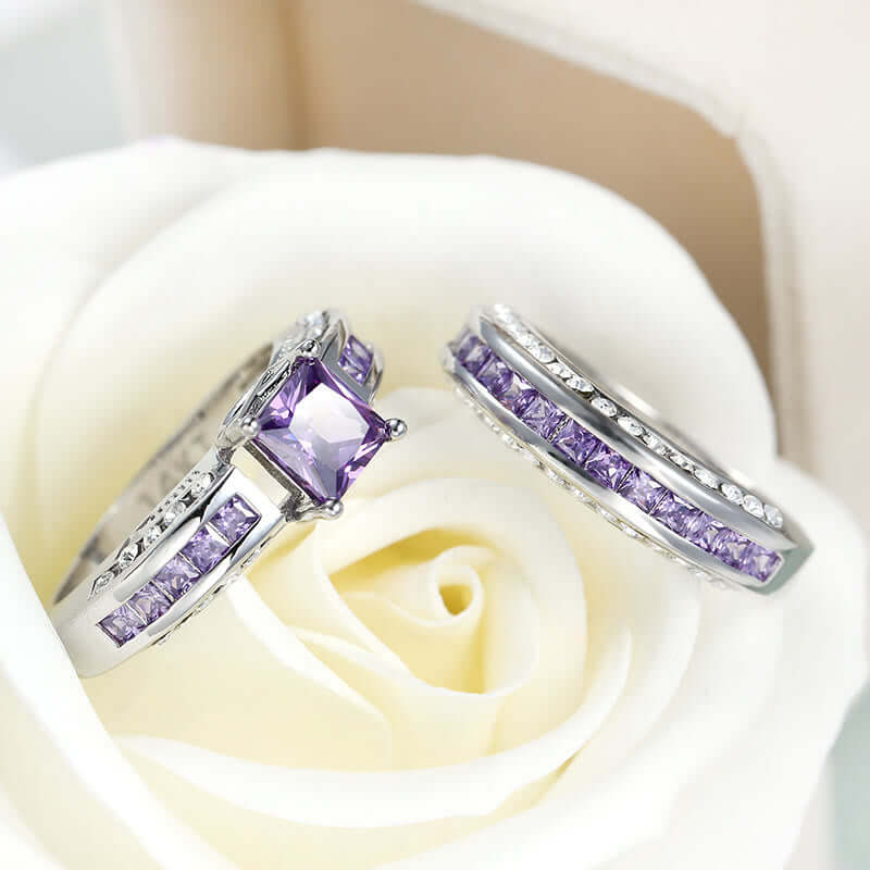 Amethyst White Zircon Ring Set Pair of Rings