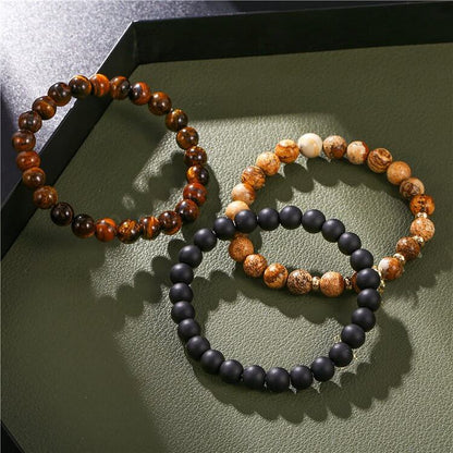 3Pcs Picture Jasper Tiger Eye Black Onyx Beaded Bracelets