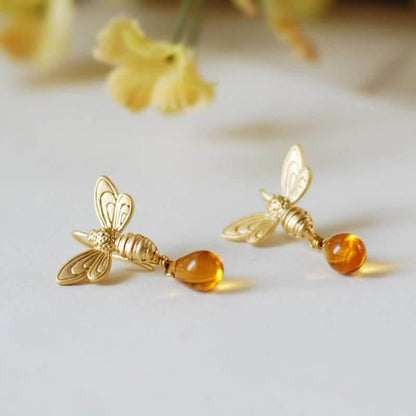 Bee Topaz Honey Drop Amber Earrings & Necklace