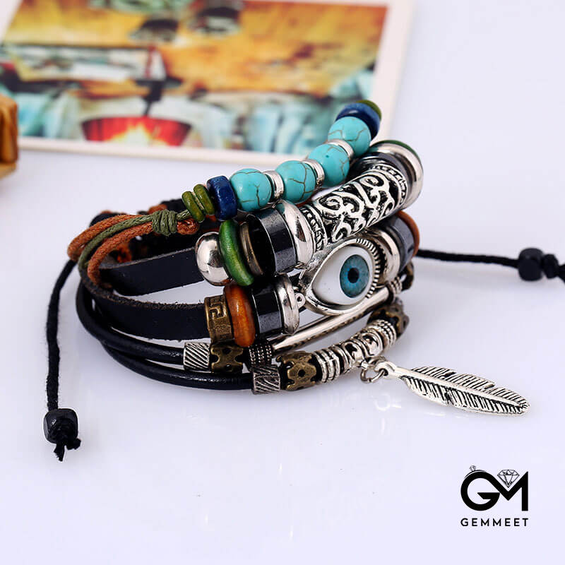 Beaded Multilayer Blue Eye Leather Ethnic Feather Bracelet