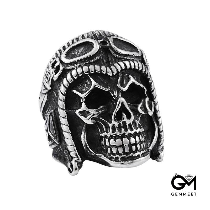 Titanium Steel Punk Engraved Skull Pilot Ring