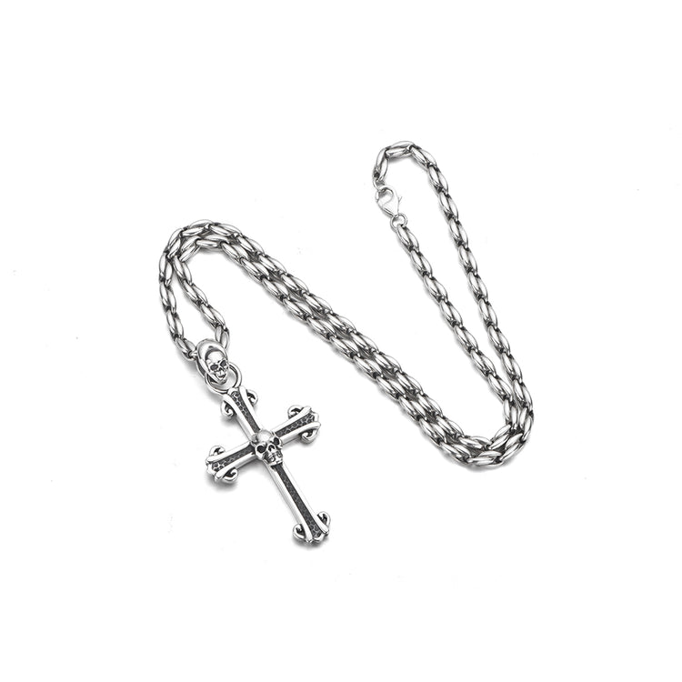 Cross Sterling Silver Skull Pendants Necklace