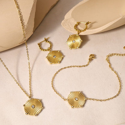 Golden Radial Texture Dangle Hexagonal Pendant Earrings Necklace Bracelet