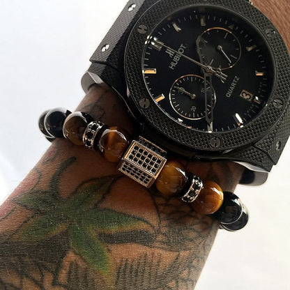 Men's Frosted Black Bead Tiger Eye Bracelet