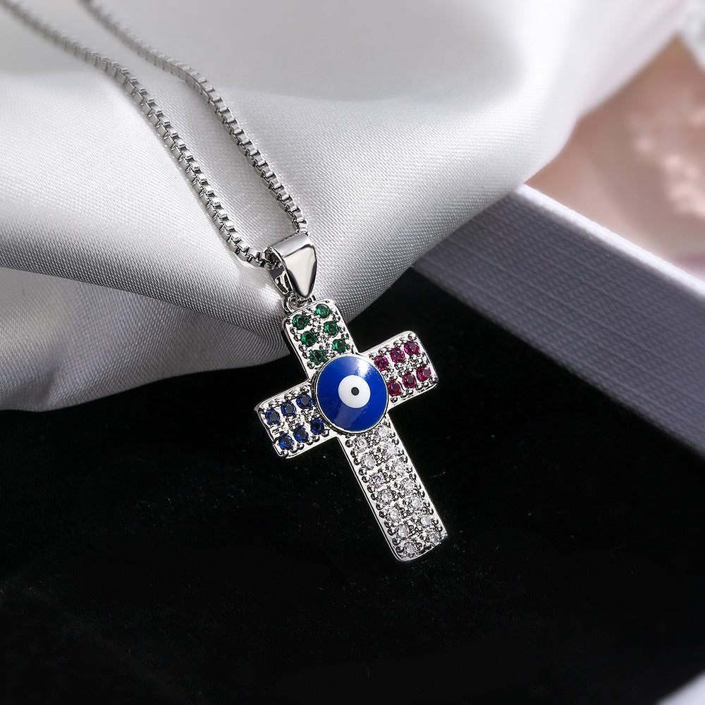 Evil Eye Cross Full Color Stones Pendant Necklace