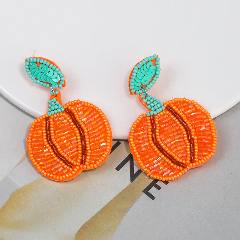 Halloween Funny Handmade Fabric Rice Bead Pumpkin Earrings