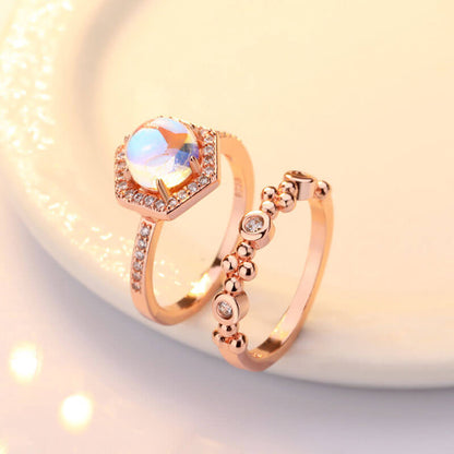 Halo Hexagon Moonstone 2 PCS Ring