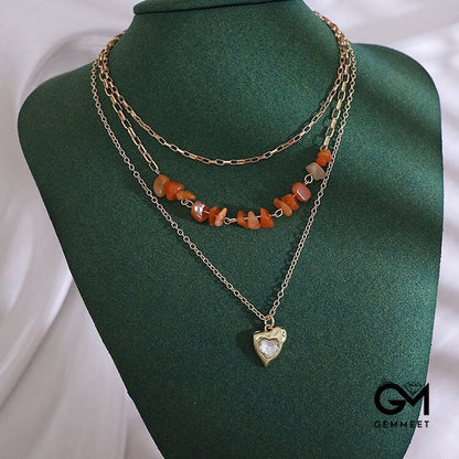 Agate White Zircon Irregular Heart Pendant Layered Necklace