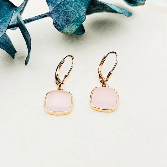 Square Pink Gem Rose Gold Dangle Earrings