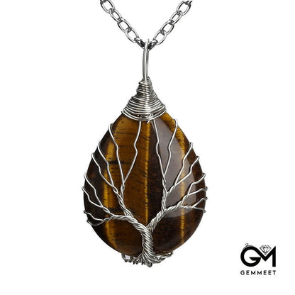 Wrapped Silk Tree of Life Tiger Eye Water Drop Necklace