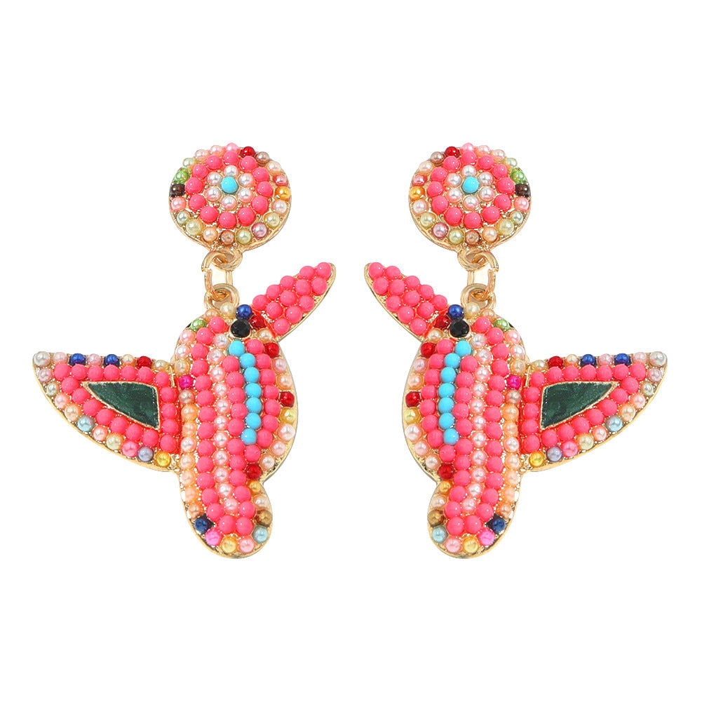 Halloween Colorful Rice Beads and Zircon Design Bird Earrings