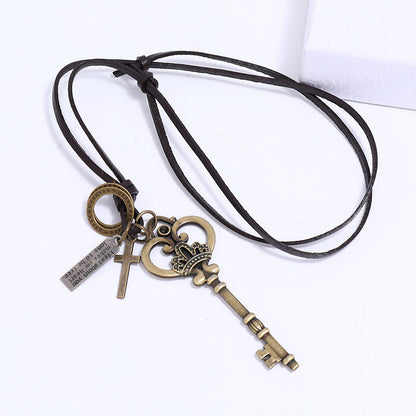 Retro Simple Key Pendant Leather Necklace