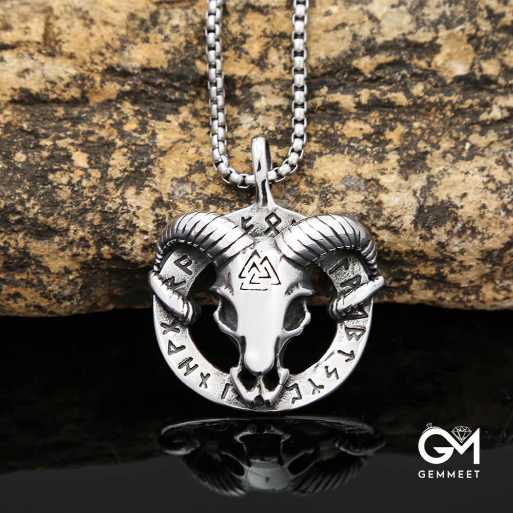 Vintage Titanium Steel Sheep Head Rune Triangle Necklace