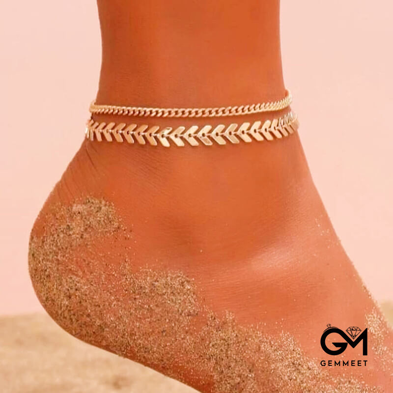 Bohemian Double Alloy Fishbone Chain Anklet