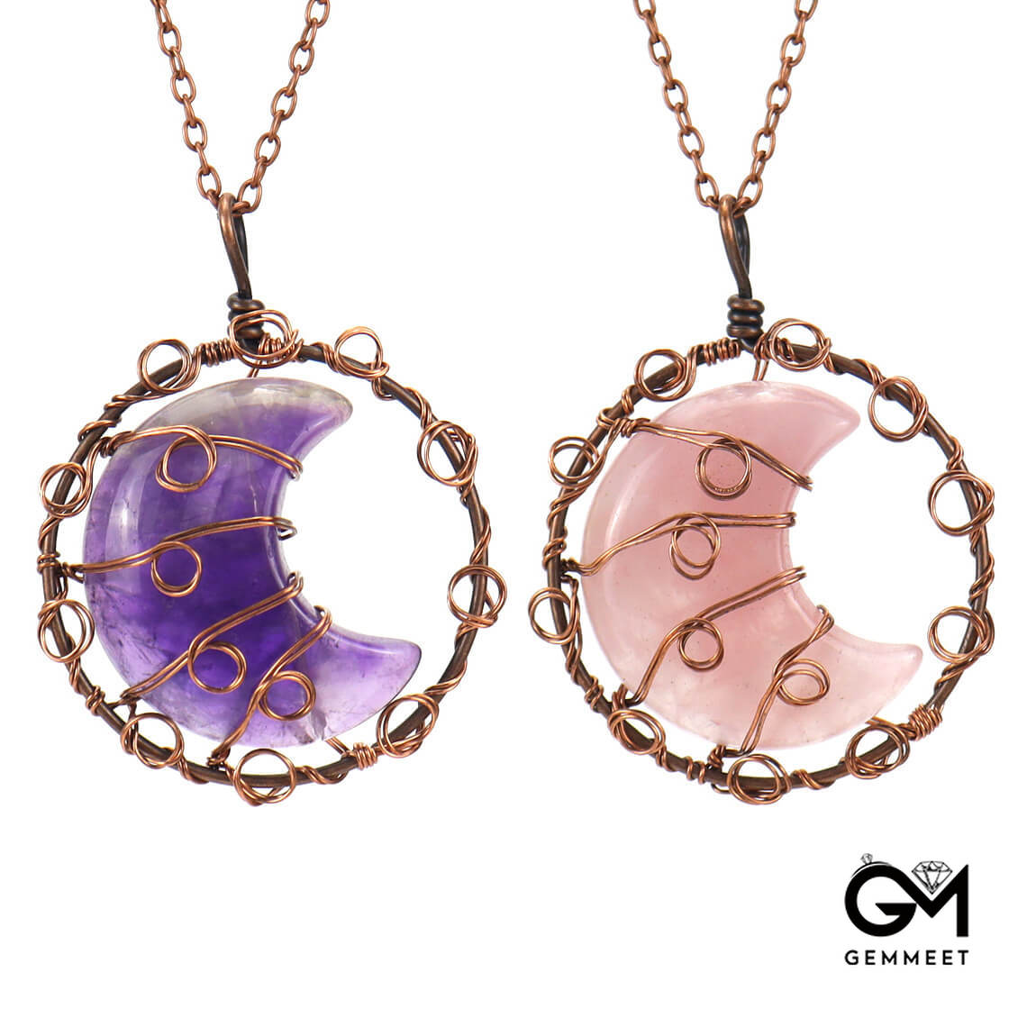 Copper Wire Crystal Moon Pendant Necklace