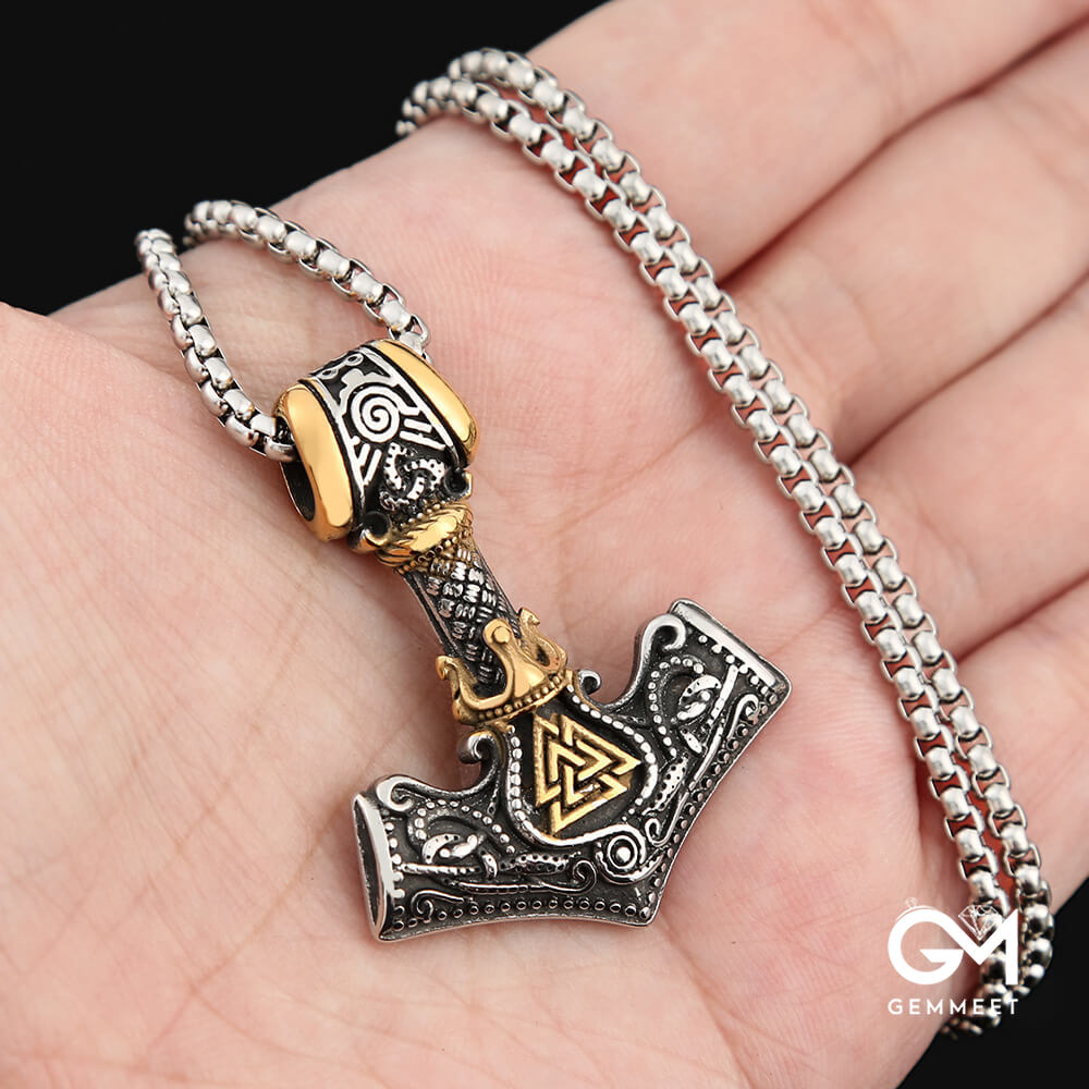 Viking Thor's Hammer Odin Triangle Rune Necklace