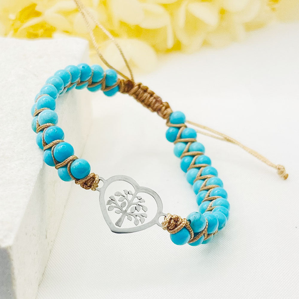 Turquoise Peach Heart Tree Of Life Palms Hand-Woven Bracelet