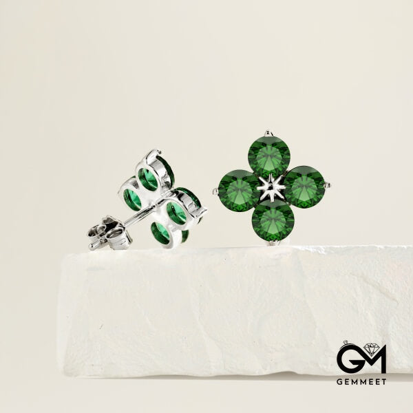 S925 Sterling Silver Four-leaf Clover Octet Star Green Zircon Earrings