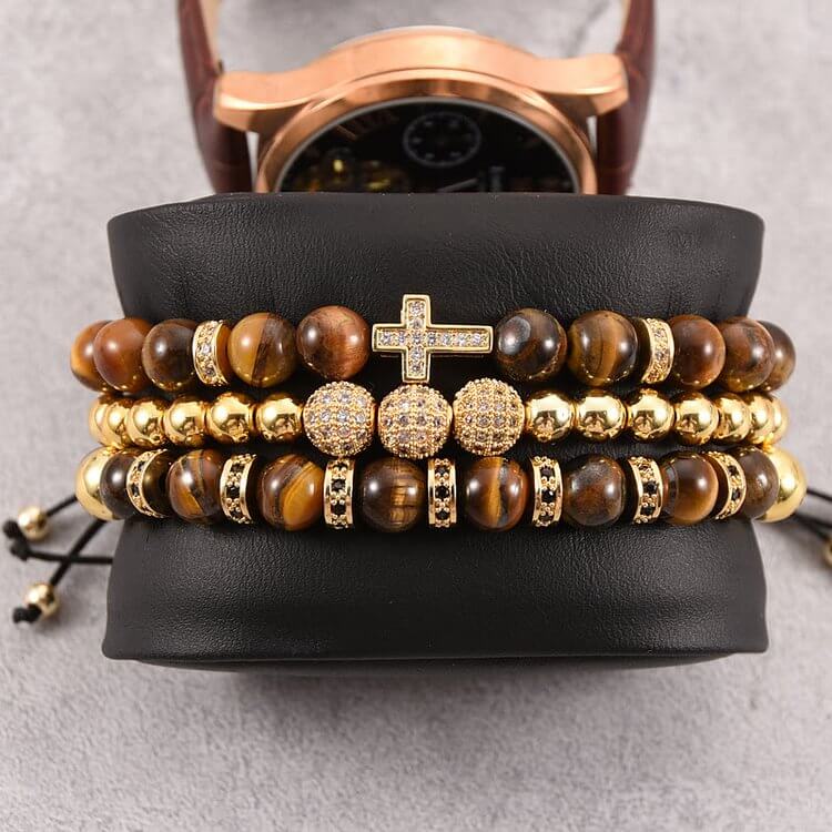 Tiger Eye Stone Beaded Men Cross Bracelet