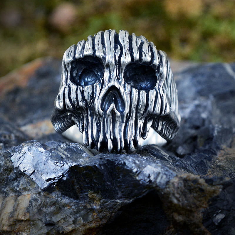 Cool Silver Striped Skull Ring