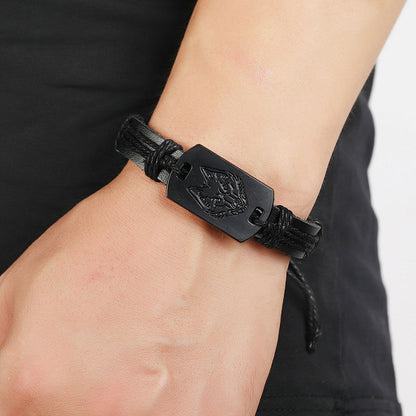 Punk Leather Black Wolf Head Woven Layered Bracelet