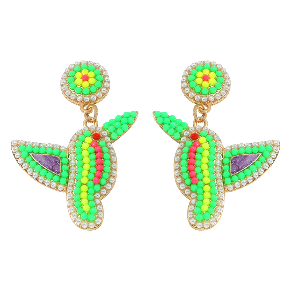 Halloween Colorful Rice Beads and Zircon Design Bird Earrings