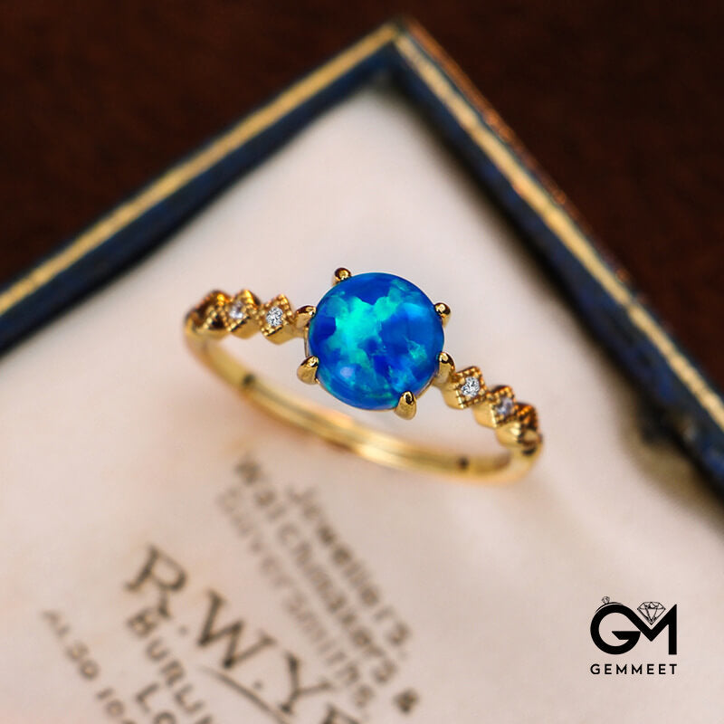 Blue Round Opal White Zircon Ring