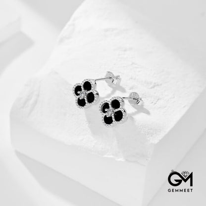 S925 Sterling Silver Black Agate Four-leaf Clover Earrings