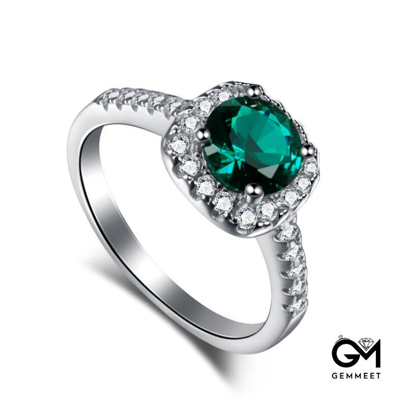 925 Silver Big Green Zircon Little White Zircon Ring