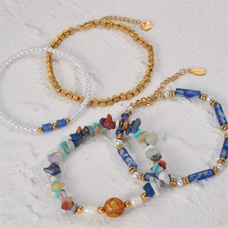 Natural Crystal Four Piece Beaded Bracelet Set