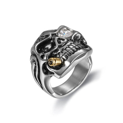 White Eyes Gold Pipe Skull Ring