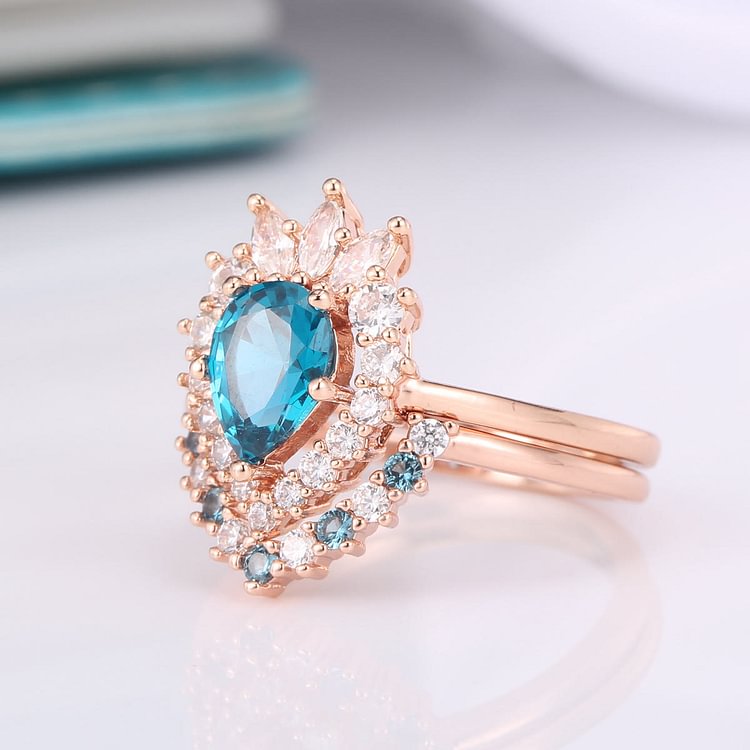 Blue Topaz White Zircon Crystal Design Rose Gold Ring