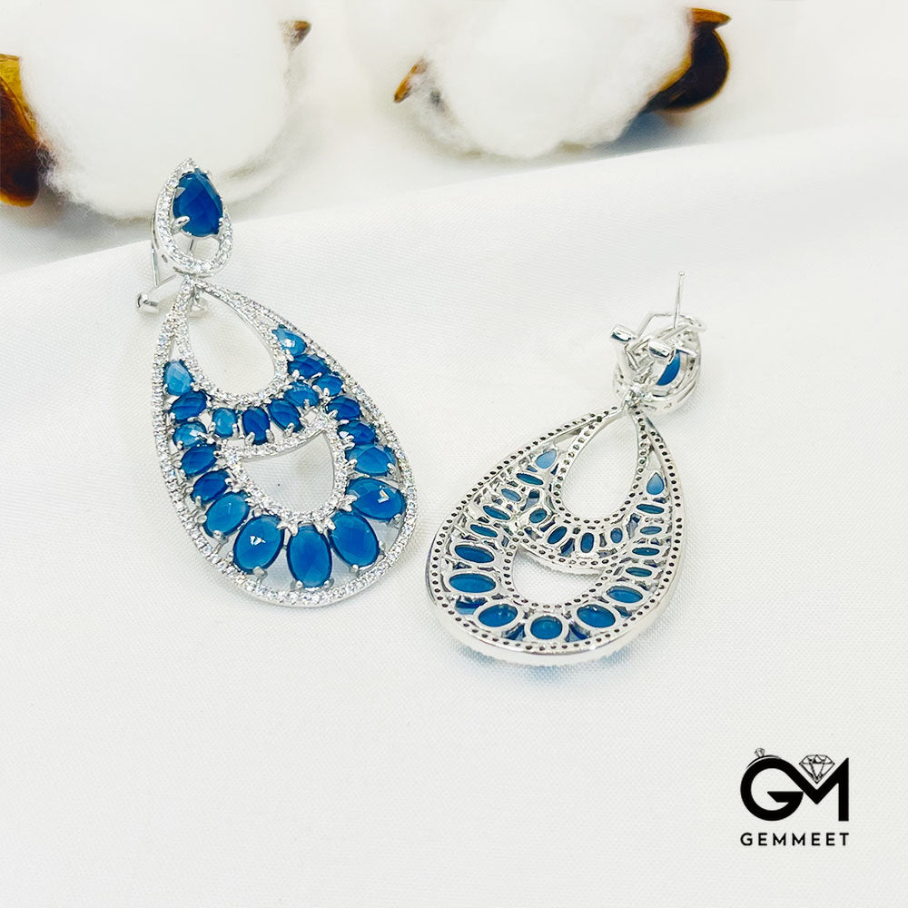 Pear-Shaped Center Hollow Blue Stone Pendant Earrings