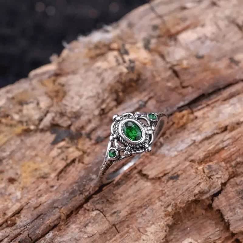 Natural Oval Emerald Engraved Ring