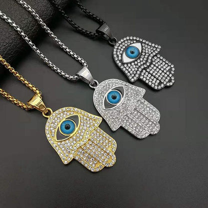 Hip Hop Eye Jewelry Gold Plated Zirconia Hands of Fatima Pendant