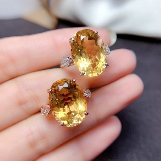 Brilliant Yellow Diamond Imitation Natural Citrine Ring Large Particle Color Treasure Ring for Women