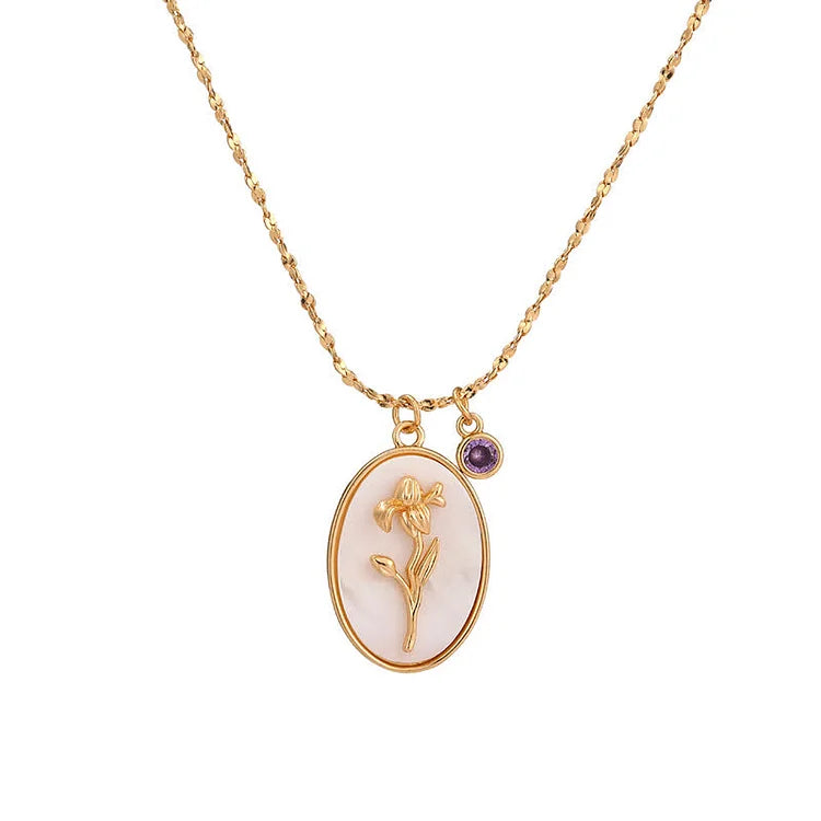 Birth Stone With Birth Flower Necklace