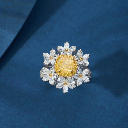 Light Luxury Imitation Color Yellow Diamond Six Flower Zircon Ring