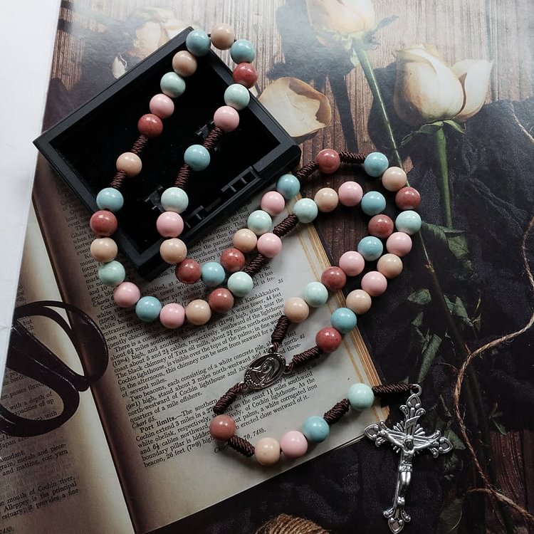 Color Beads Rosary Mary Medal Cross Necklace