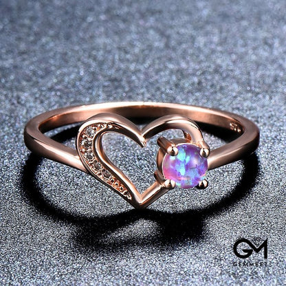 "Deep in Heart" - Simple Circular Opal Hollow Heart Ring