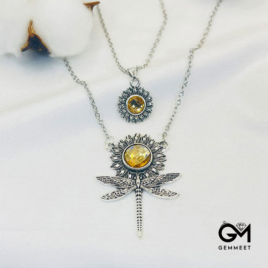 Creative Sunstone Dragonfly Sunflower Pendant Necklace