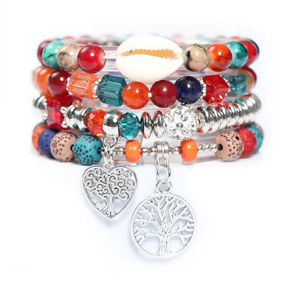 Tree Of Life Heart Pendant Beaded Bracelet Set