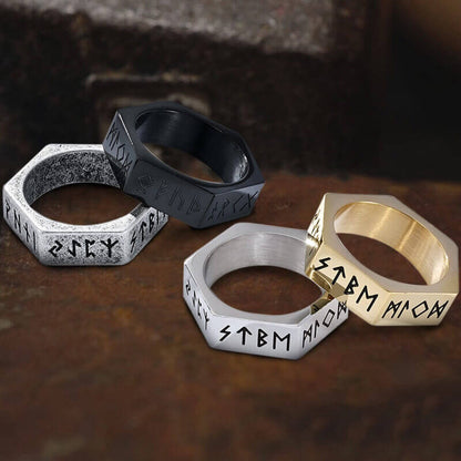 Viking Runes Hexagon Stainless Steel Geometric Ring