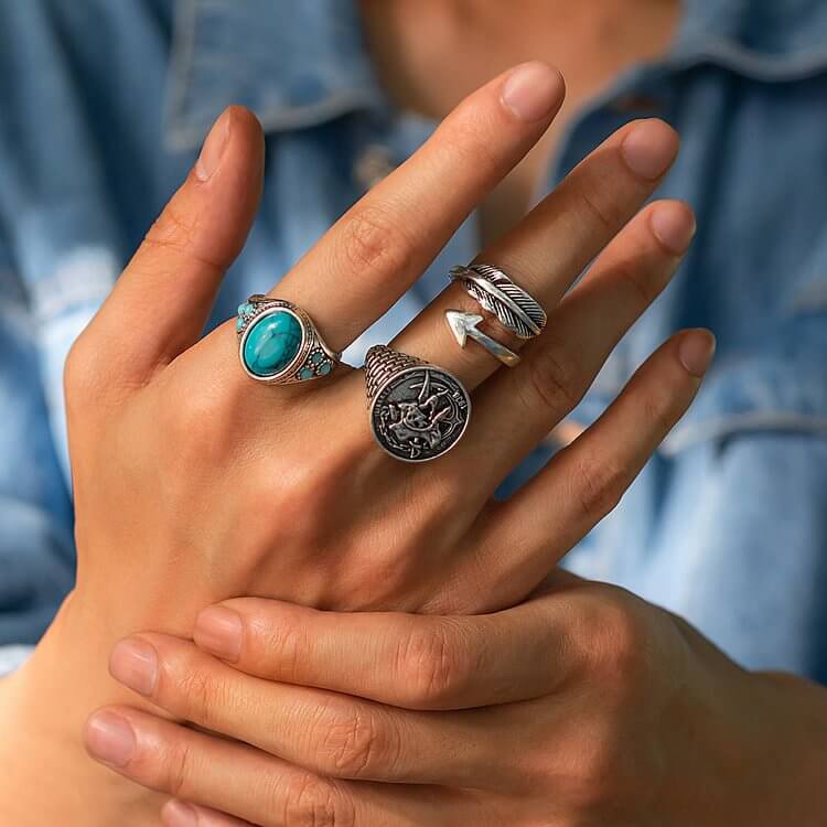 Turquoise Arrow Feather Skull Ring Set