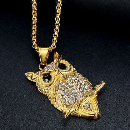 HIPHOP Jewelry Titanium Steel Gold Plated Inlaid Zircon Owl Pendant