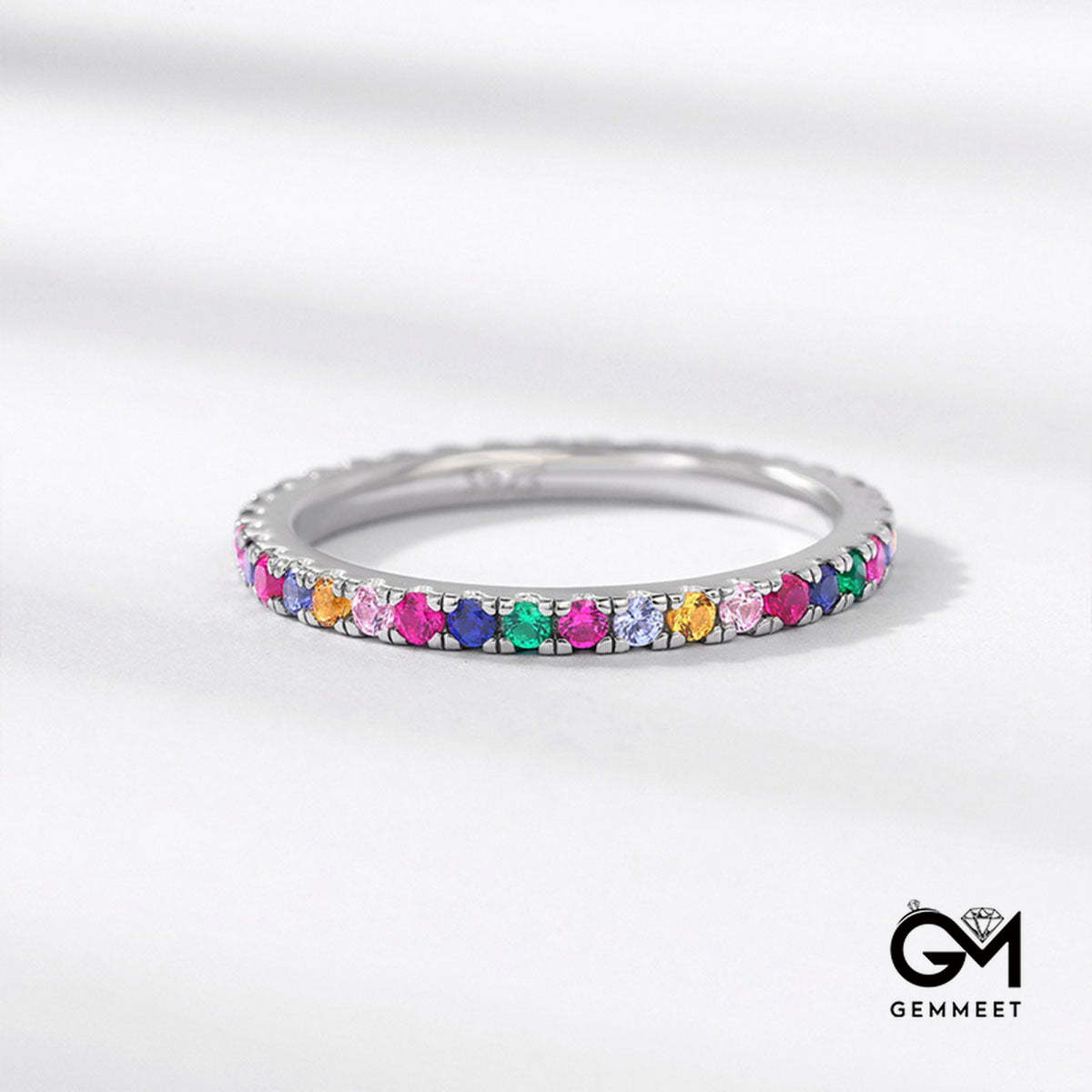 White Gold Prong Common Rainbow Stones Band Ring