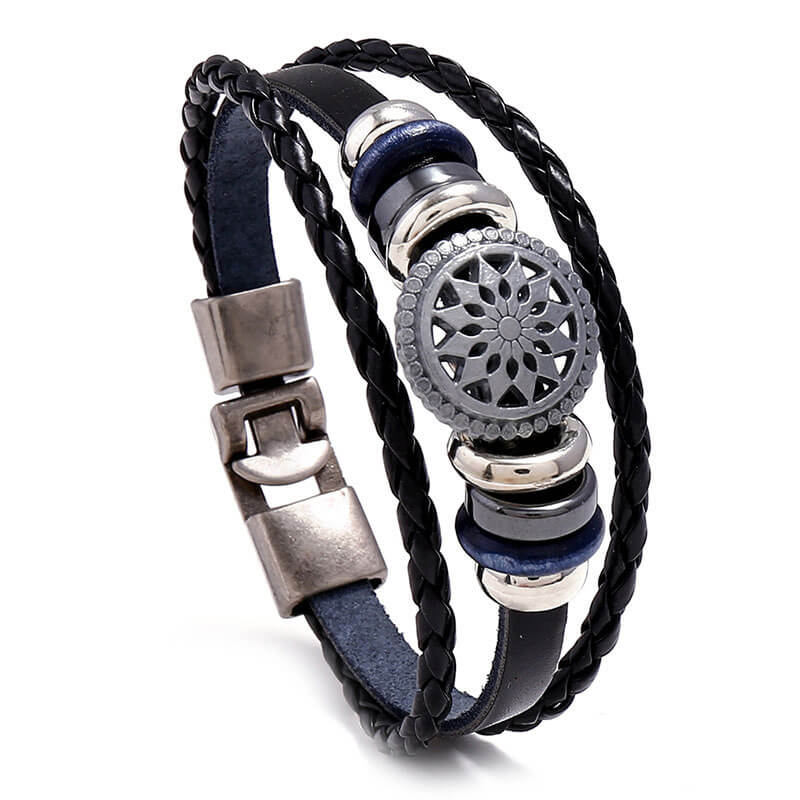 Helios Motif Simple Woven Leather Bracelet